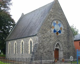 A church with a stained glass window